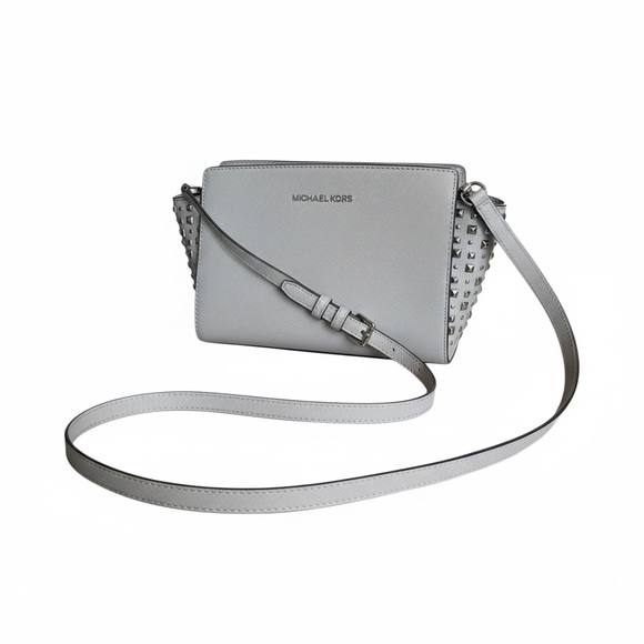 Michael Kors Silver Studded Saffiano Leather Crossbody | Chic & Edgy Glam - Picture 8 of 15